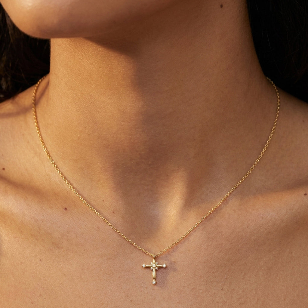 Gold-Plated S925 Crystal Cross Necklace