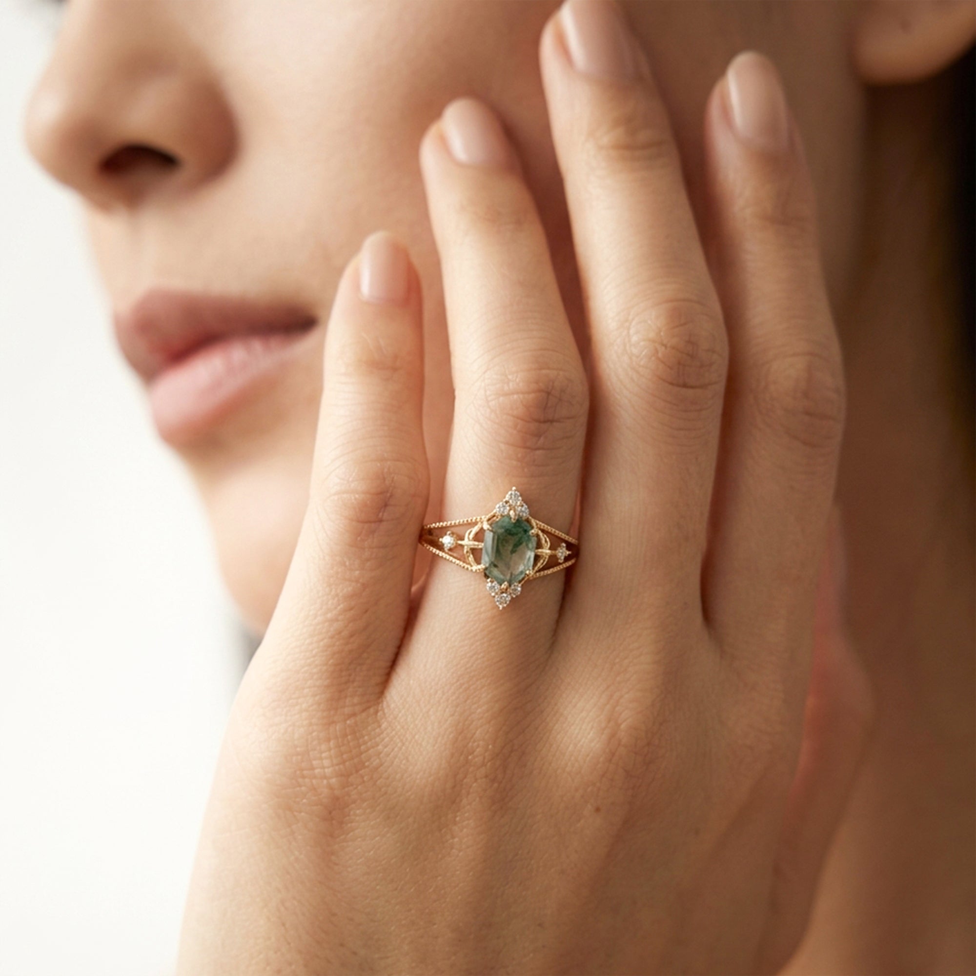 18K Gold-Plated S925 Moss Agate Ring