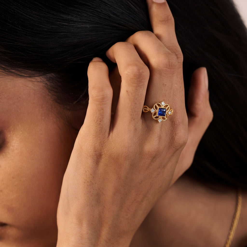 18K Gold-Plated S925 Blue Zircon Filigree Ring