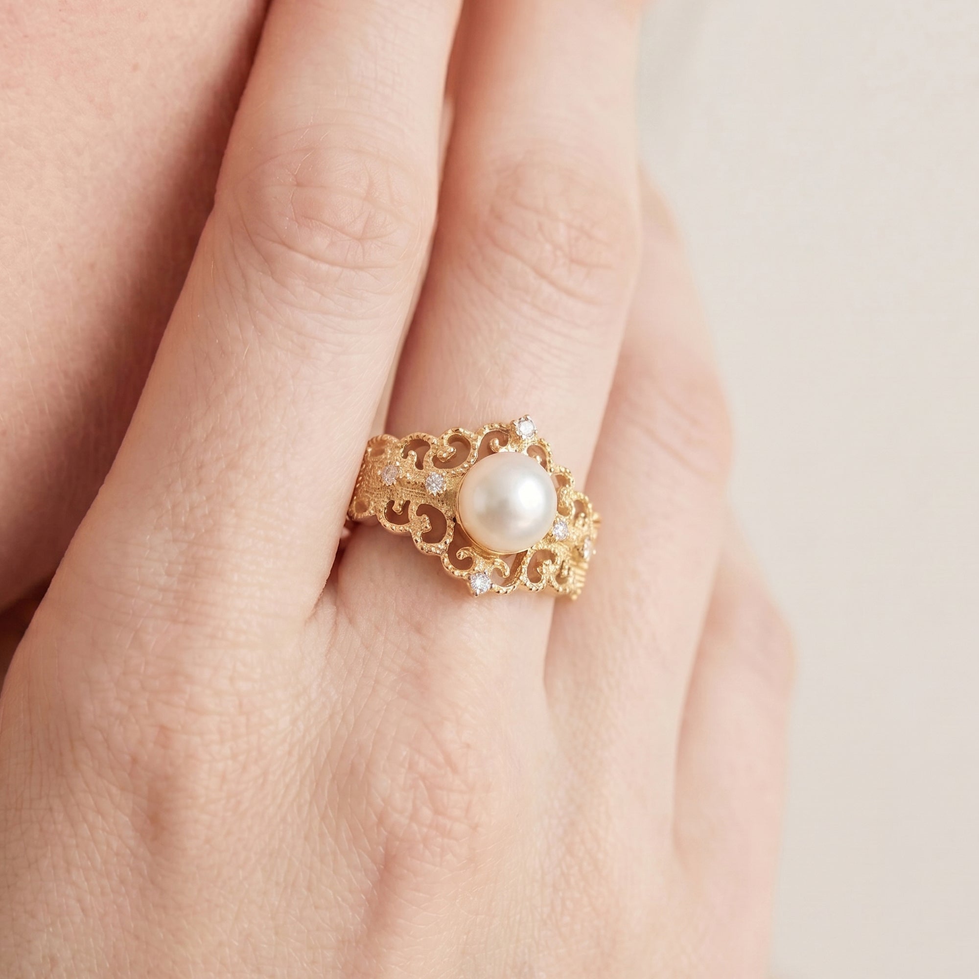 Pearl Filigree 18K Gold-Plated Copper Ring