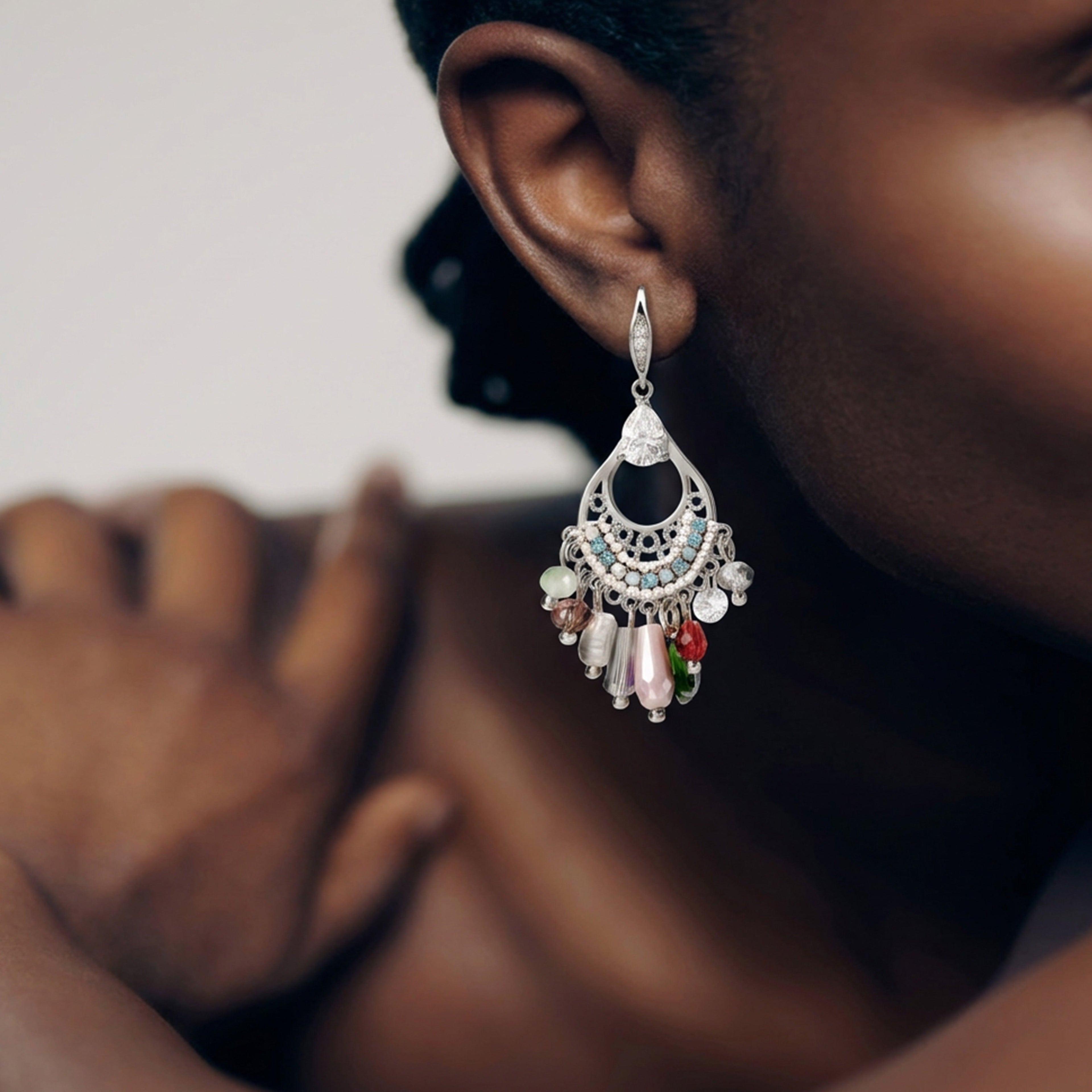 Silver-Tone Zircon Beaded Chandelier Earrings
