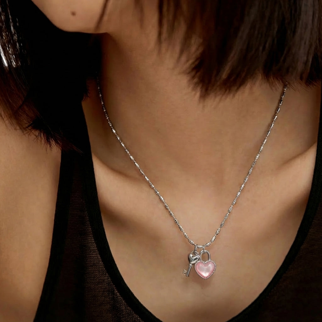 S925 Silver Heart Lock & Key Necklace
