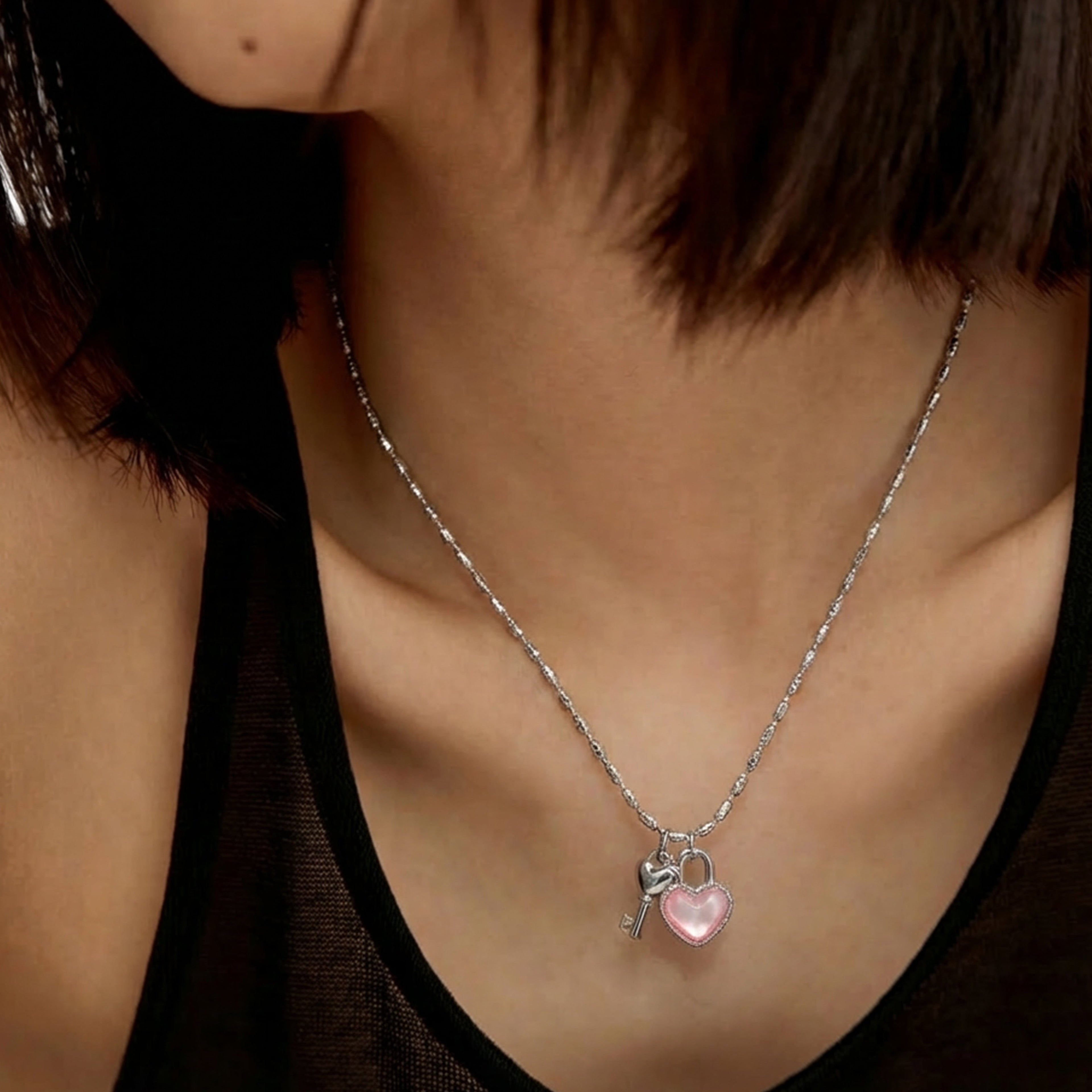 S925 Silver Heart Lock & Key Necklace
