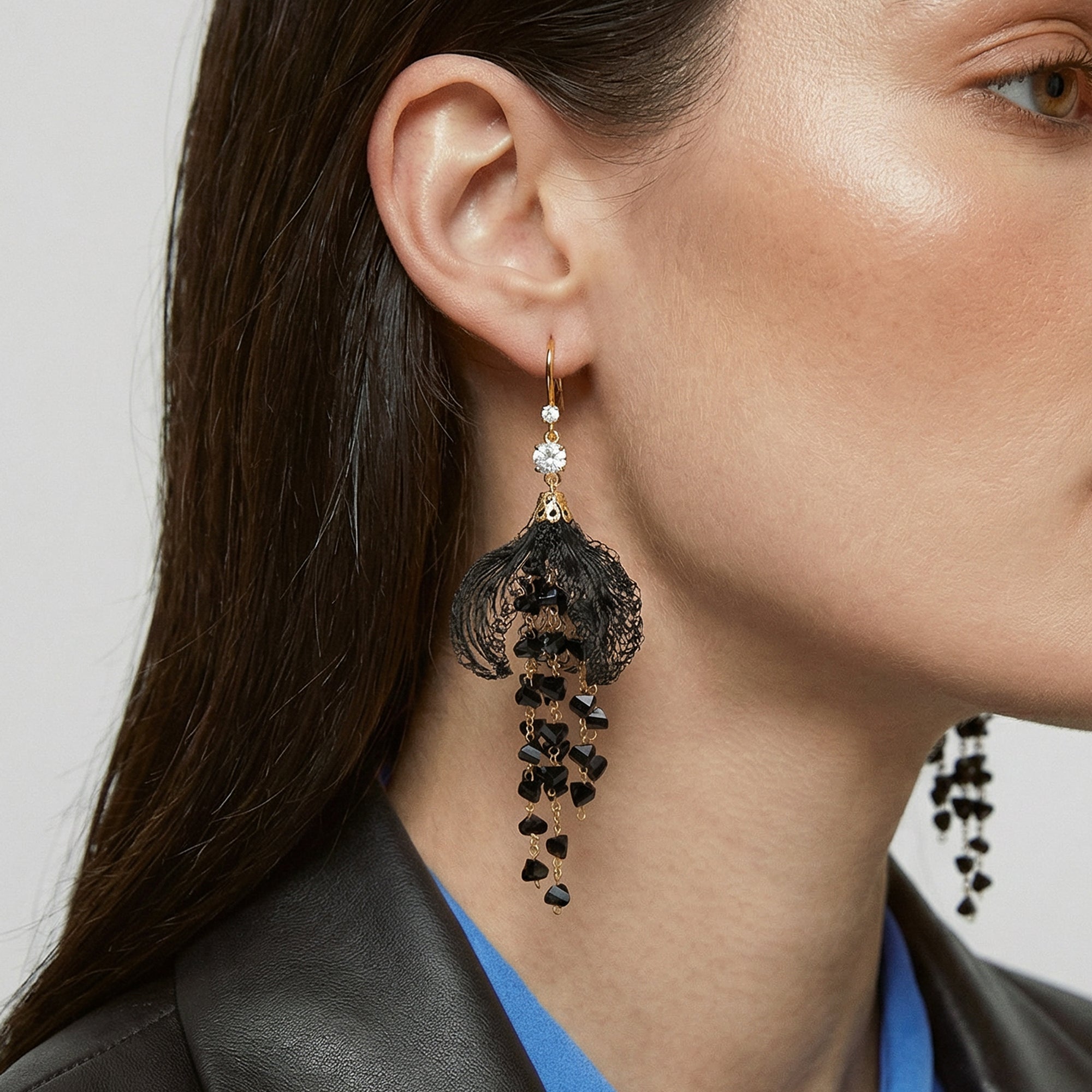 Black Tassel Zircon Fishhook Drop Earrings