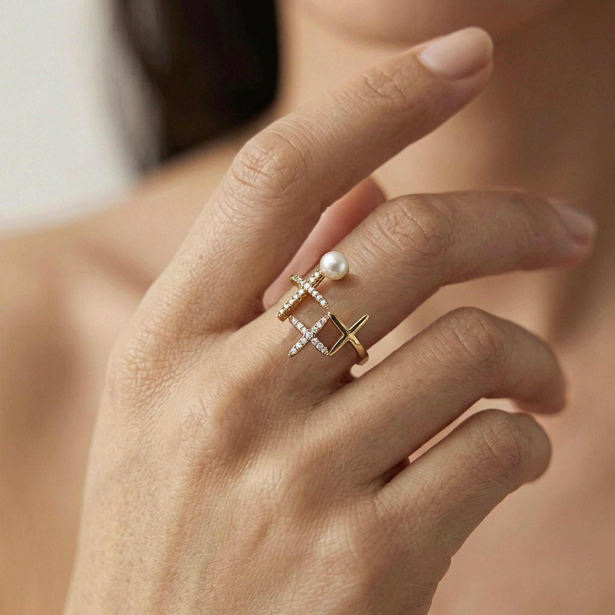 18K Gold-Plated Brass Pearl CZ Open Ring