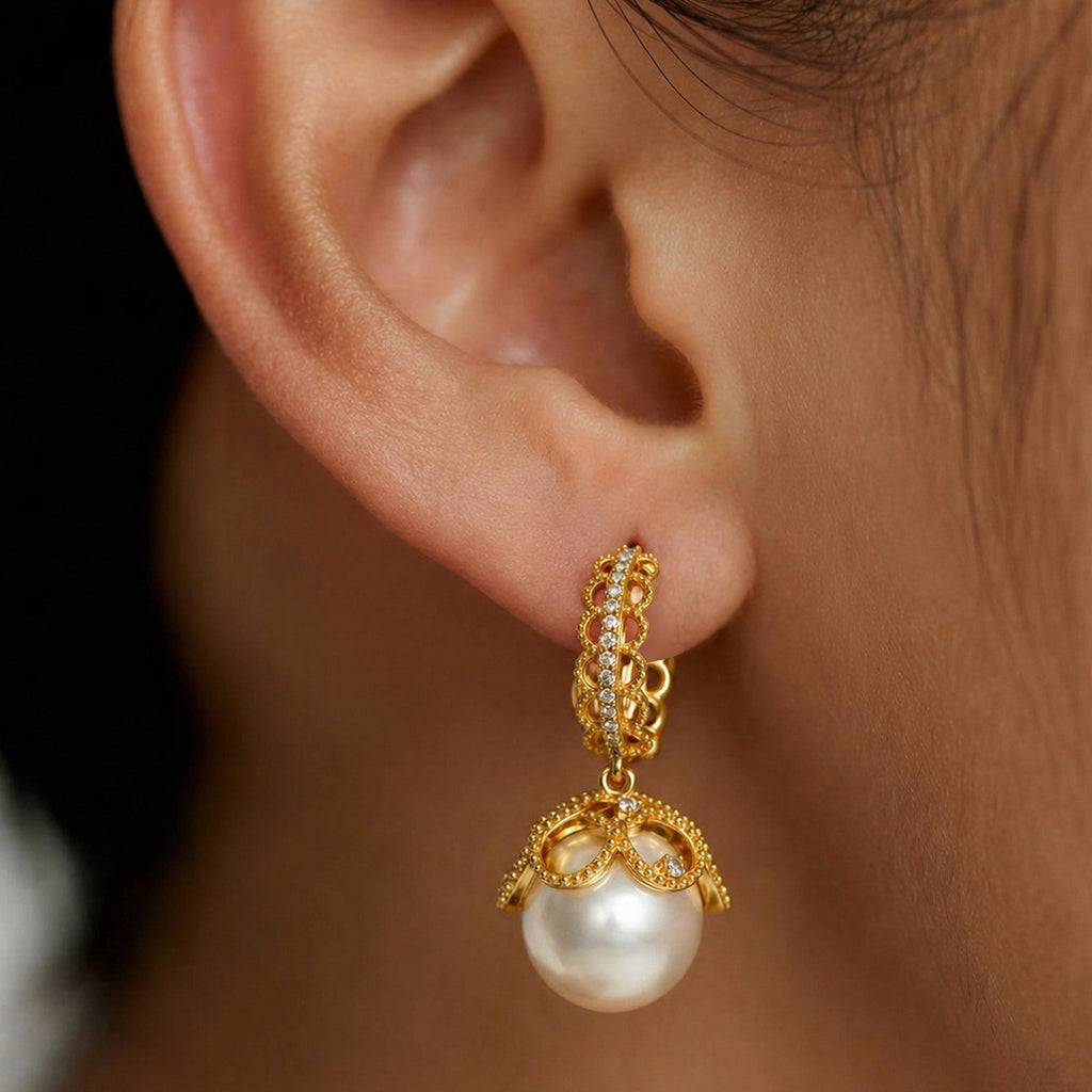 Ornate Hoop Pearl Drop Earrings