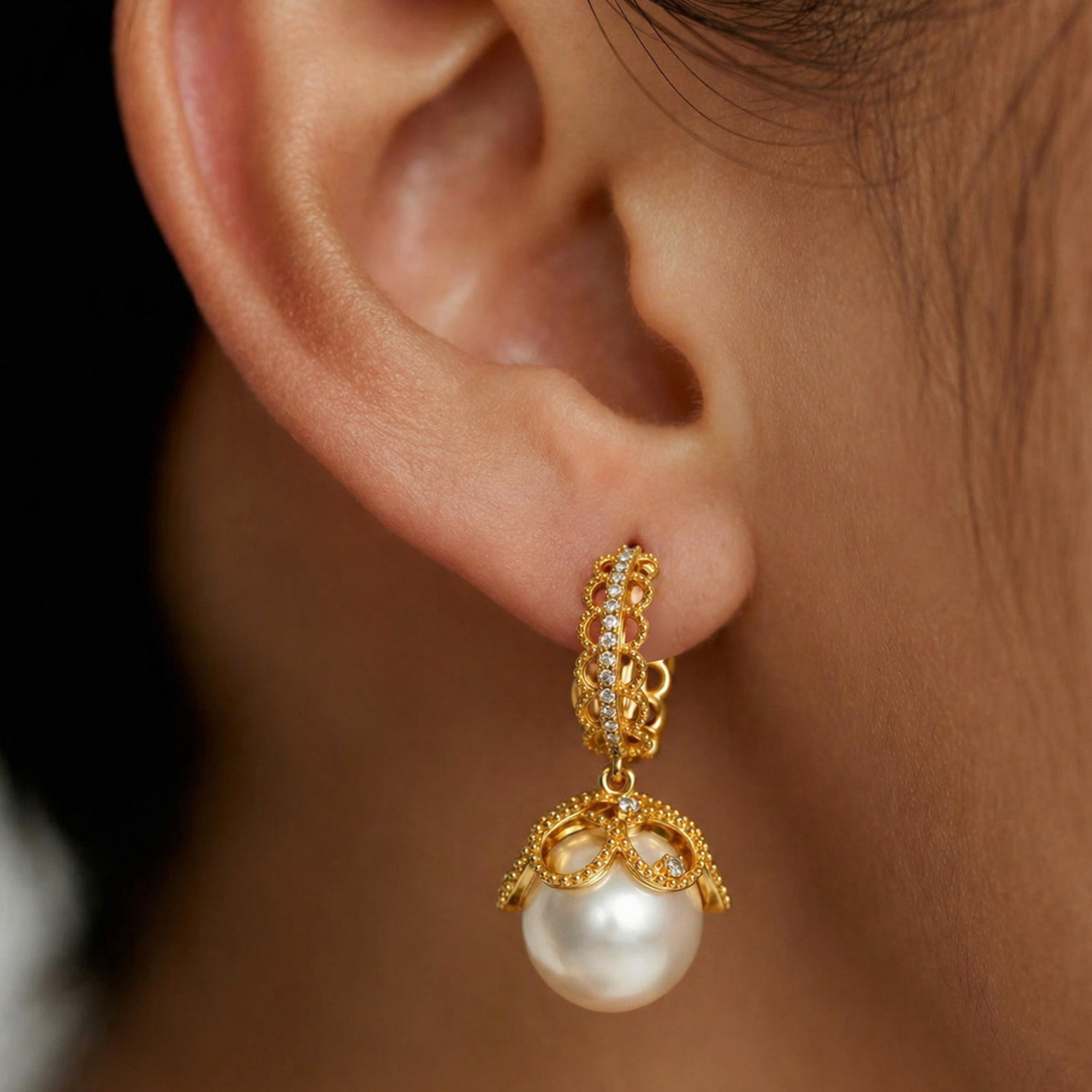 Ornate Hoop Pearl Drop Earrings