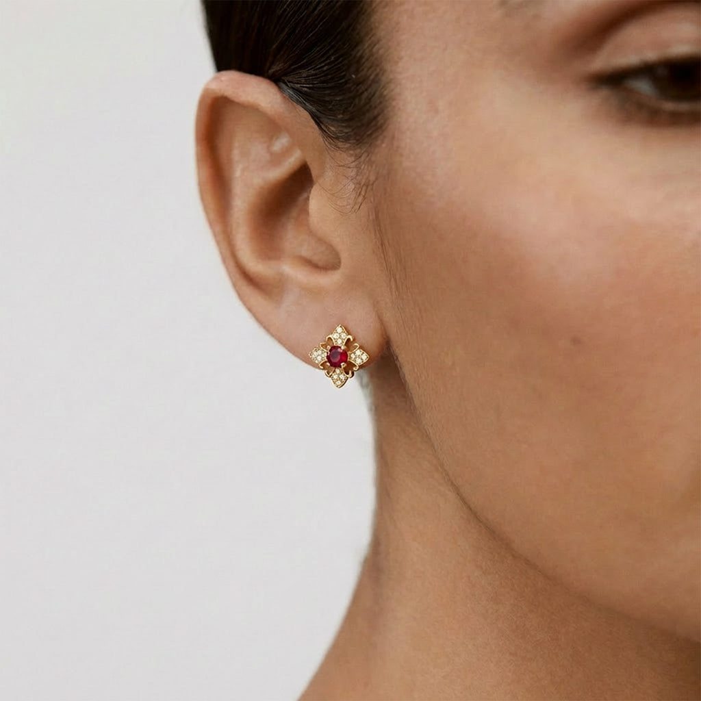 Ornamental Red Stone Sterling Silver Studs