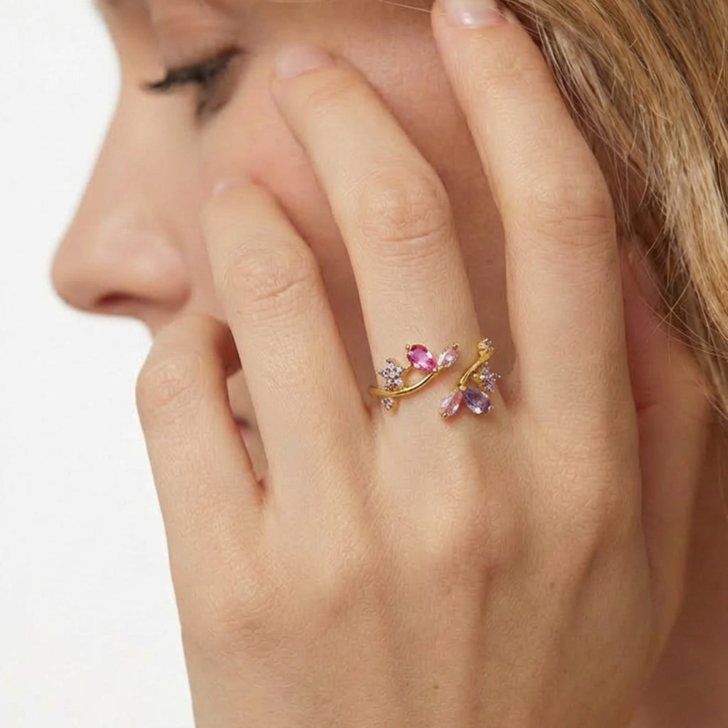 18K Gold-Plated S925 Floral Zircon Open Ring