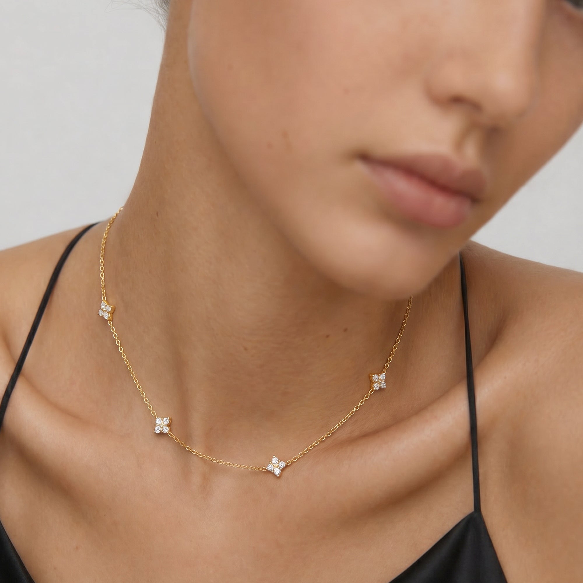 Four-Petal Crystal Sterling Silver Necklace