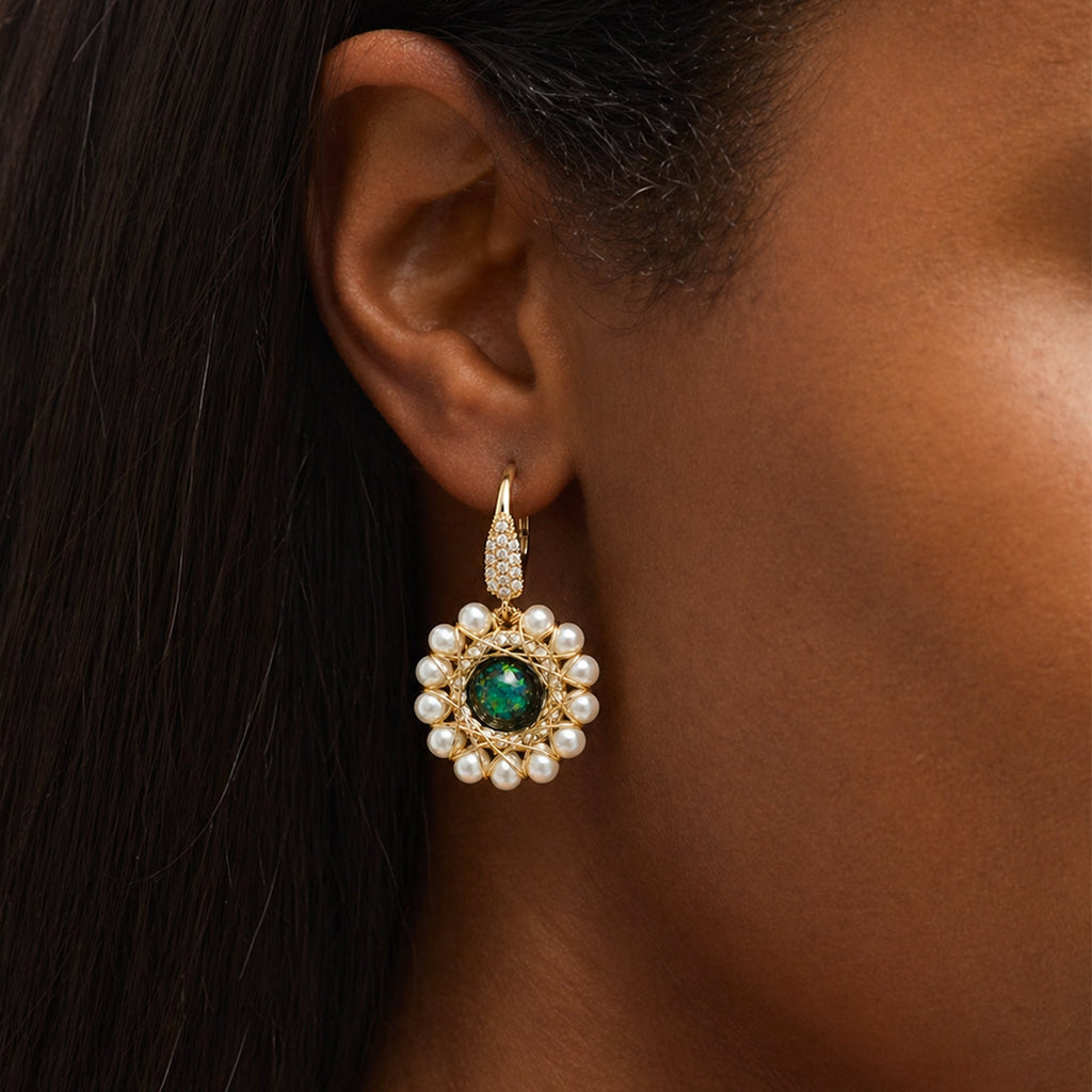 Handwoven Pearl Medallion Drop Earrings