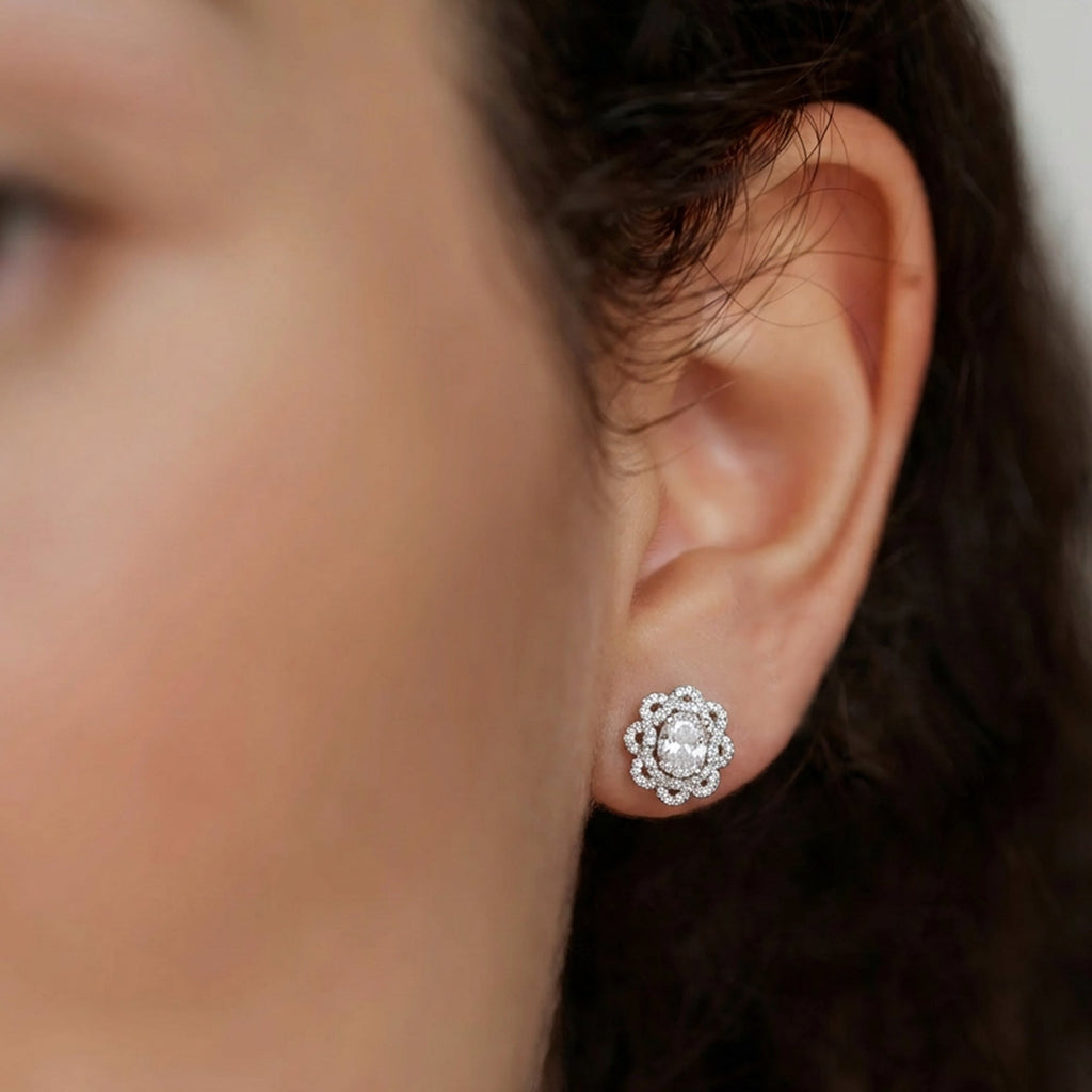 Silver-Tone Zircon Floral Stud Earrings