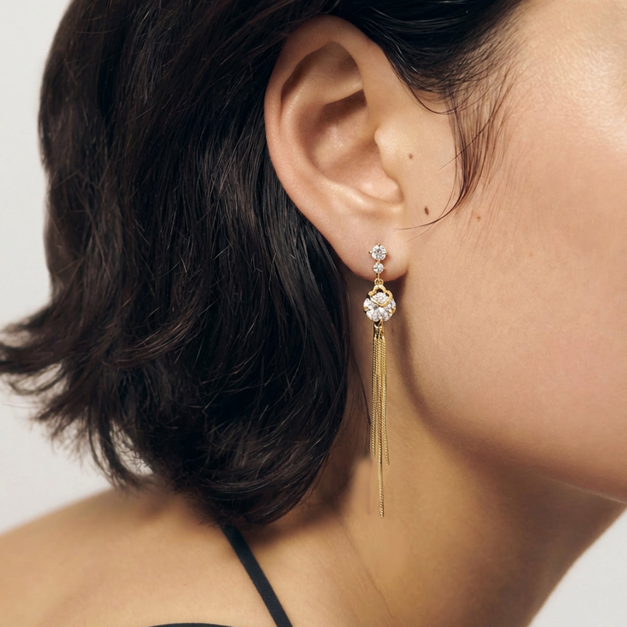 Clover Zircon Chain Tassel Drop Earrings