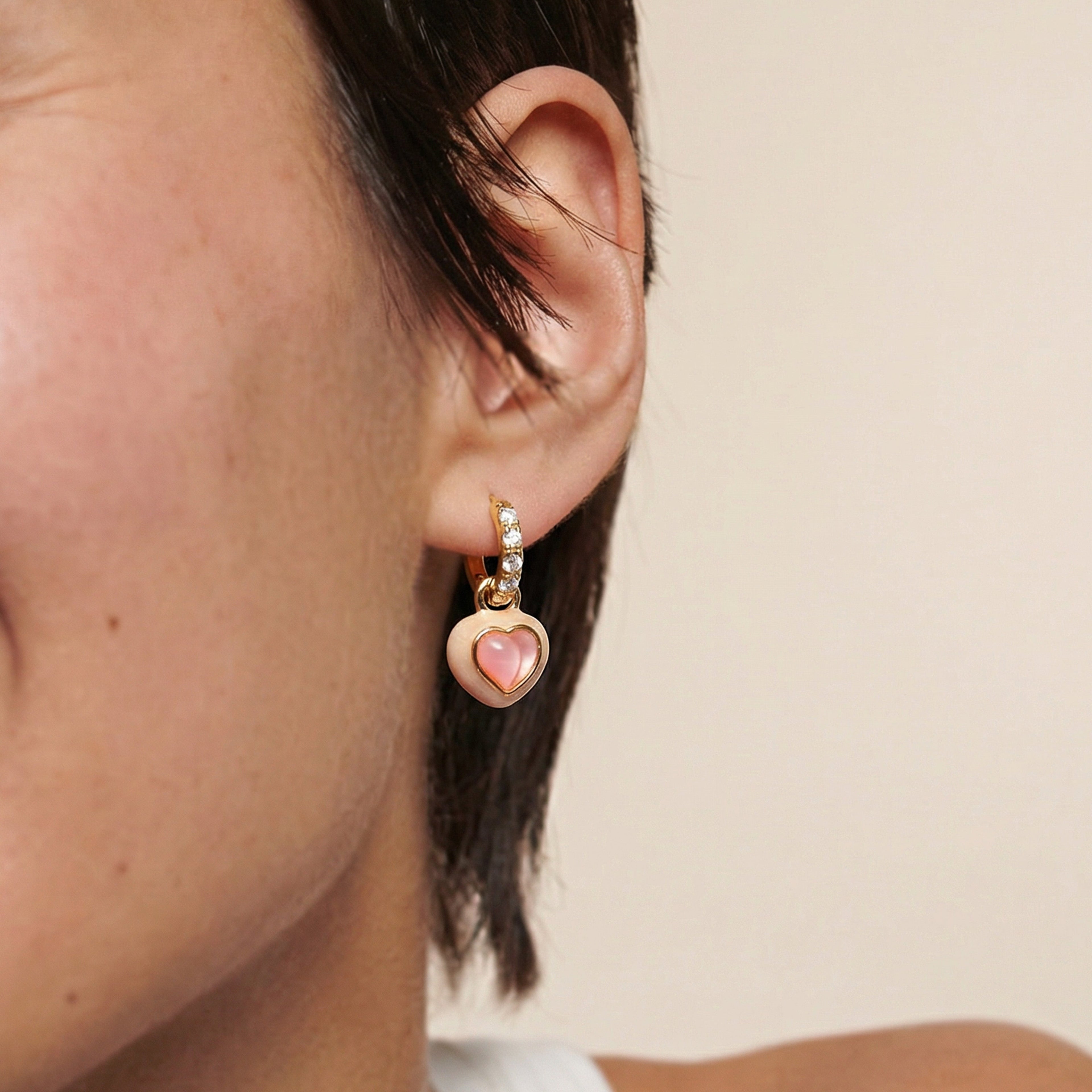 Pink Heart Charm Pavé Hoop Earrings