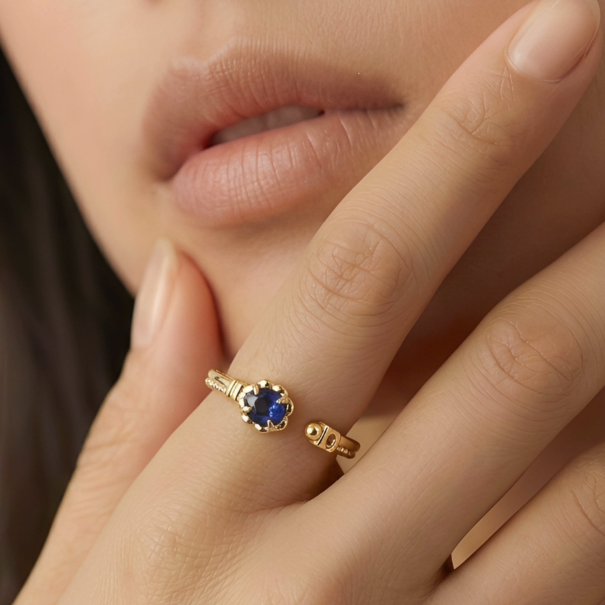 Blue Corundum Gold-Plated S925 Adjustable Ring