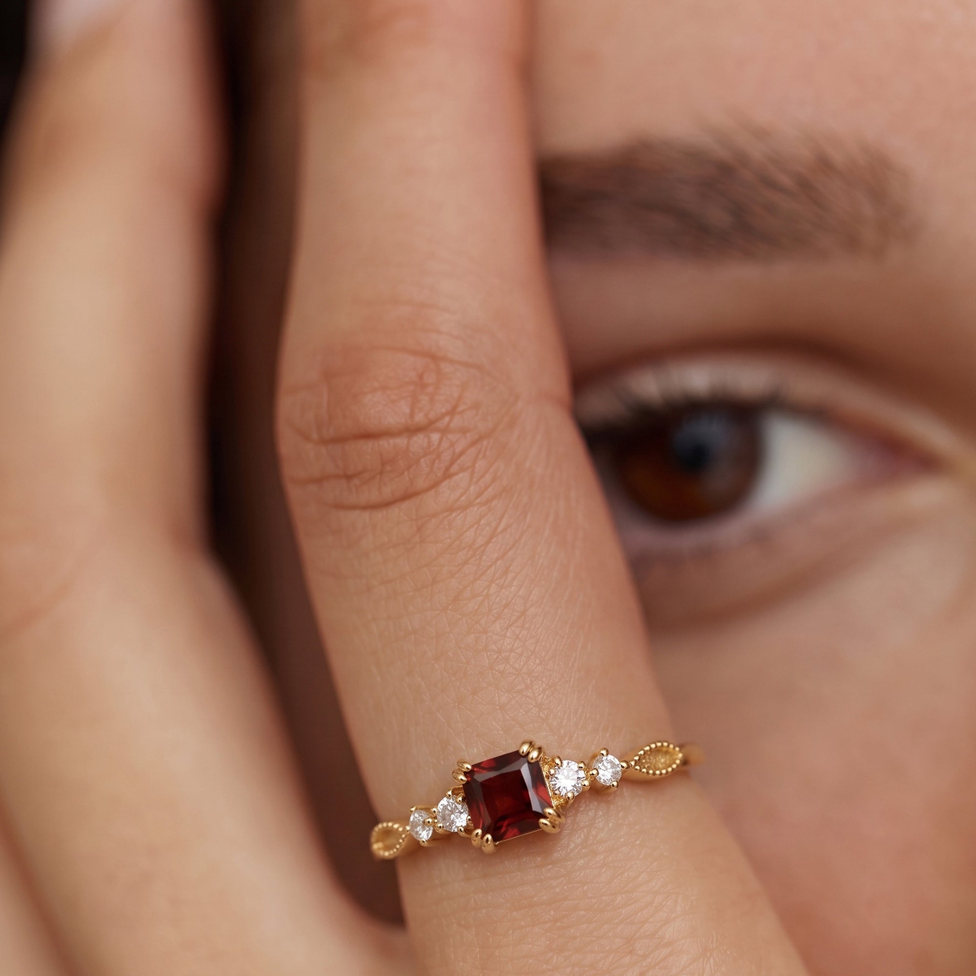 Garnet Square-Cut Gold-Plated Silver Ring