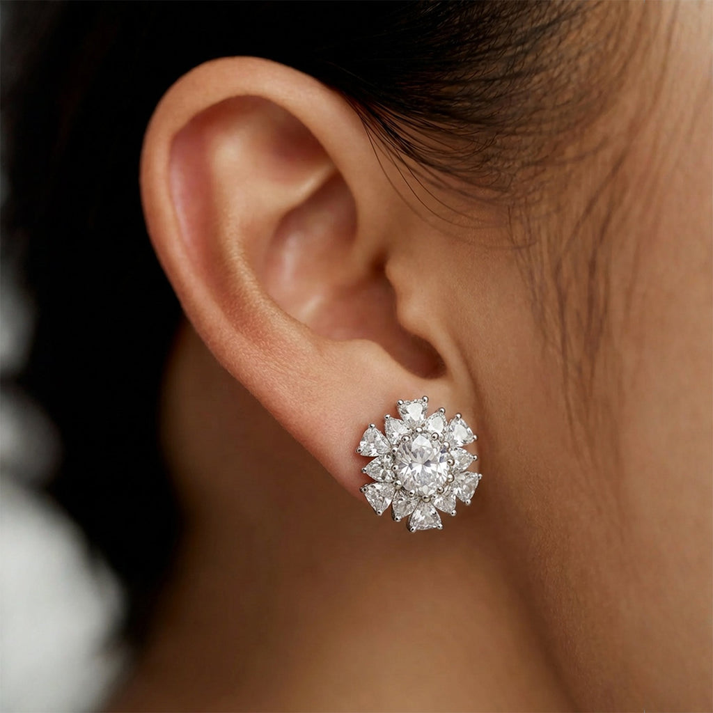 Silver-Tone Floral Cluster Zircon Stud Earrings