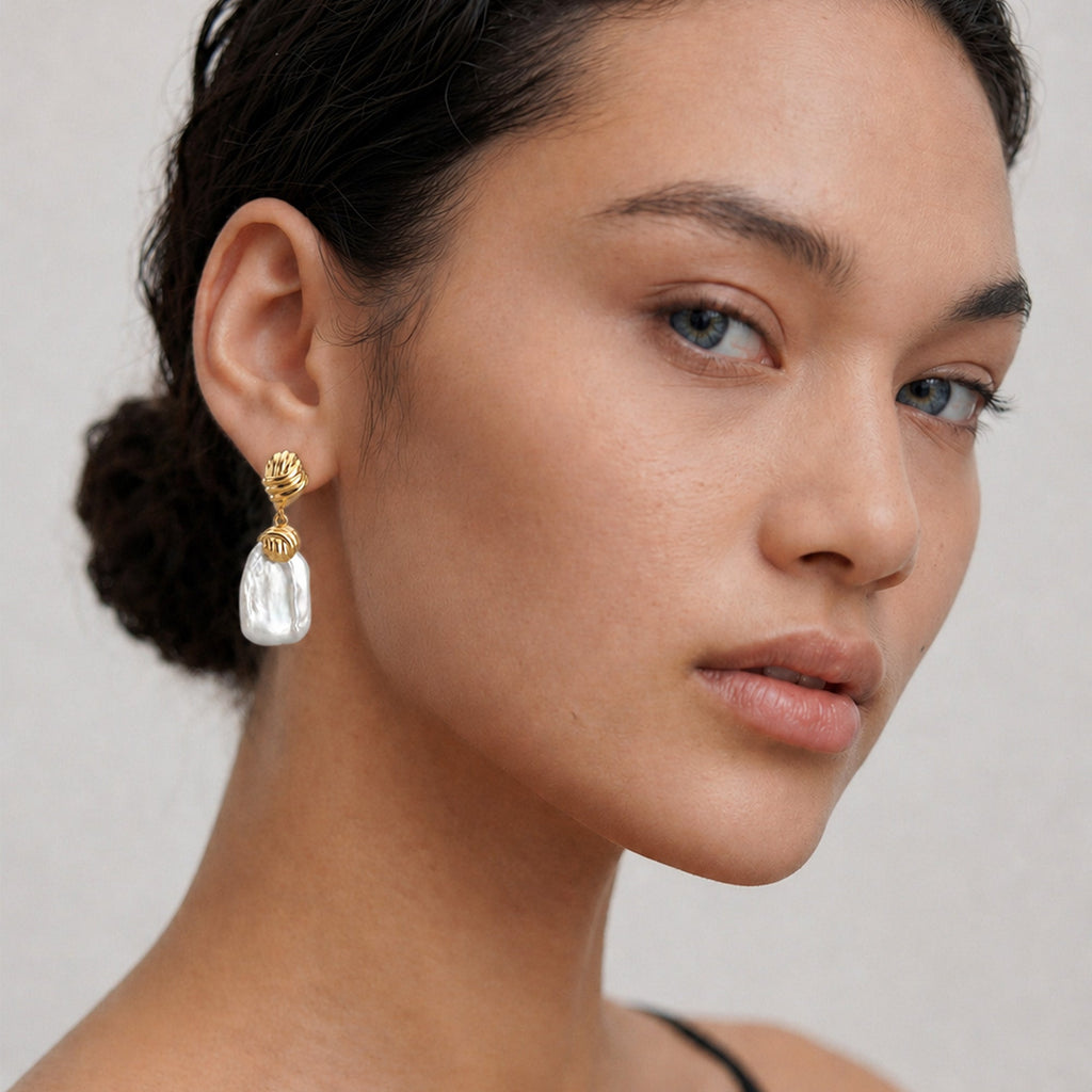 Textured Gold Baroque Pearl Drop Earrings