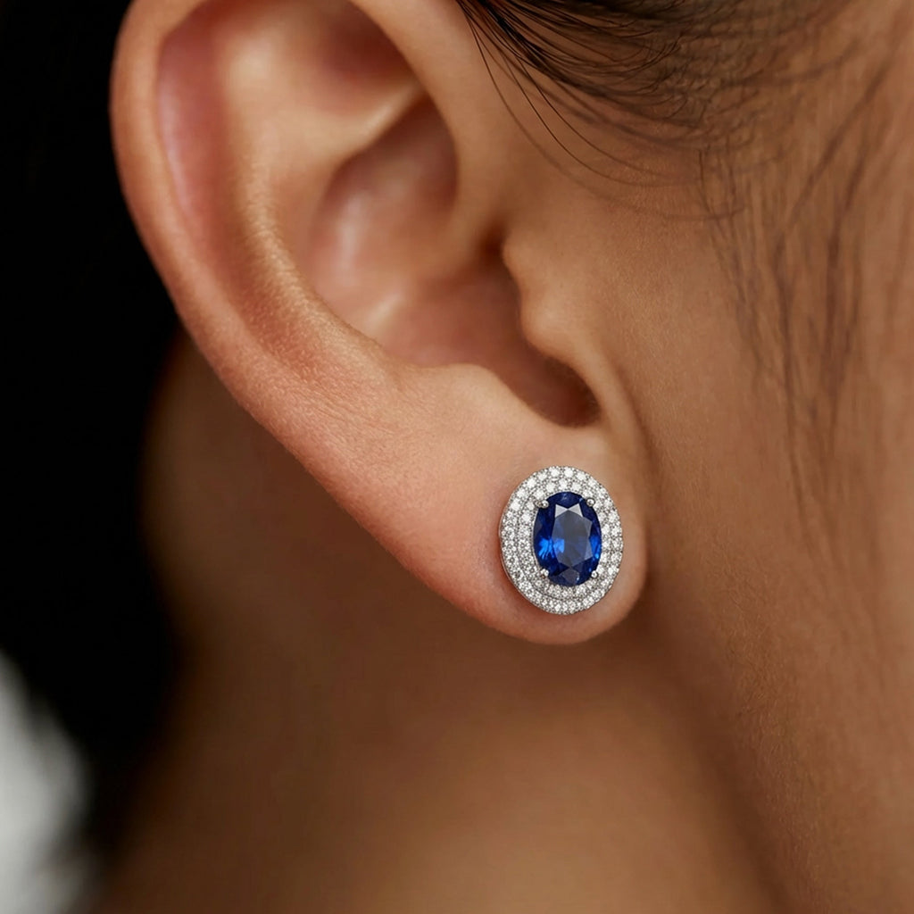 Blue Oval Zirconia Halo Stud Earrings