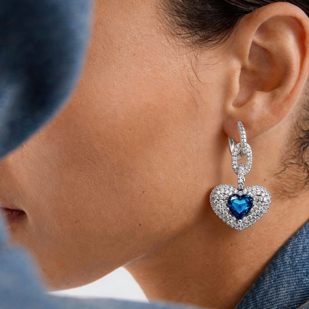 Blue Heart Pavé Link Drop Earrings