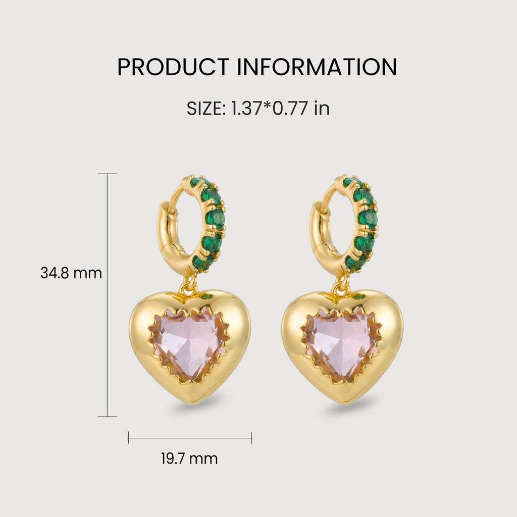 Green CZ Heart Drop Hoop Earrings
