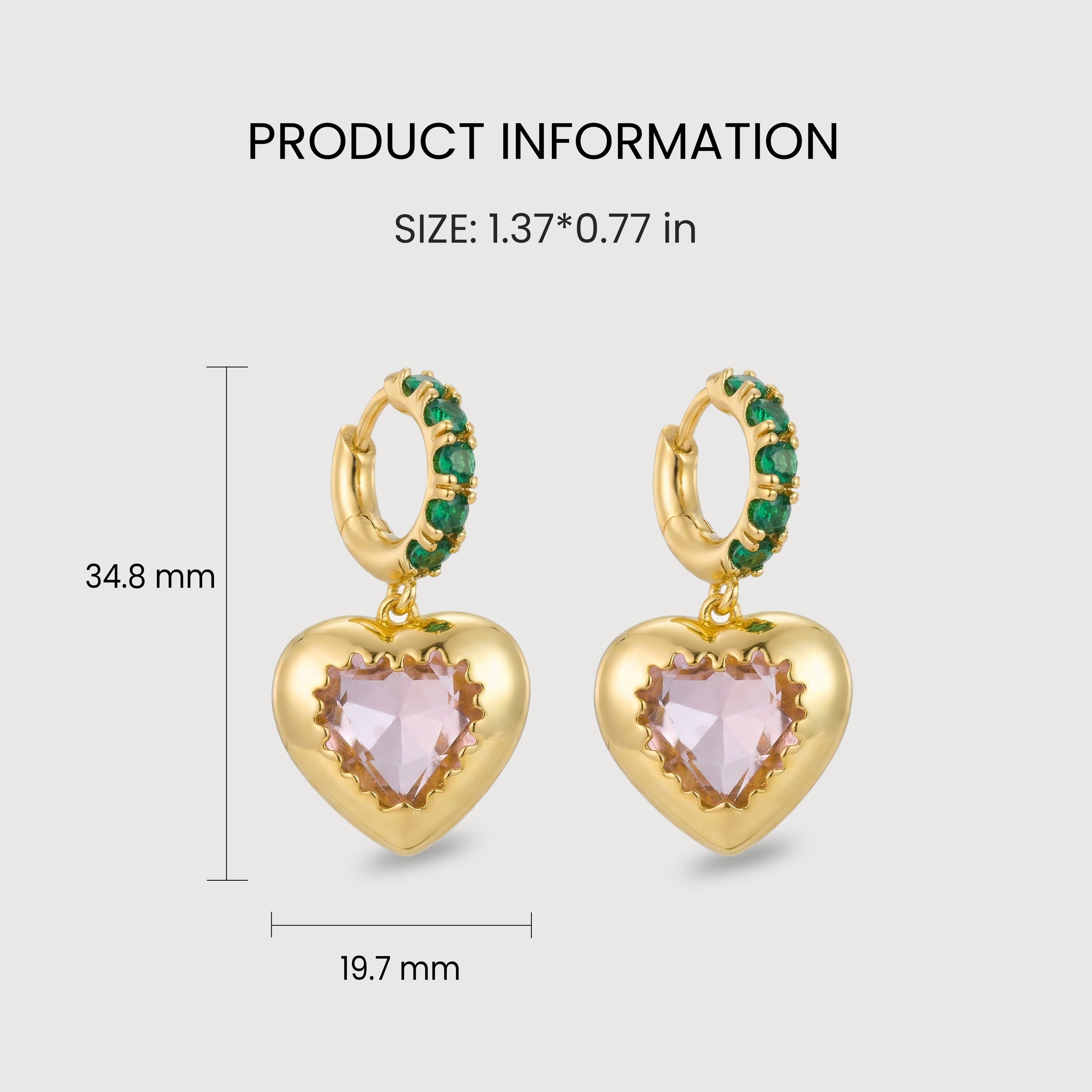 Green CZ Heart Drop Hoop Earrings