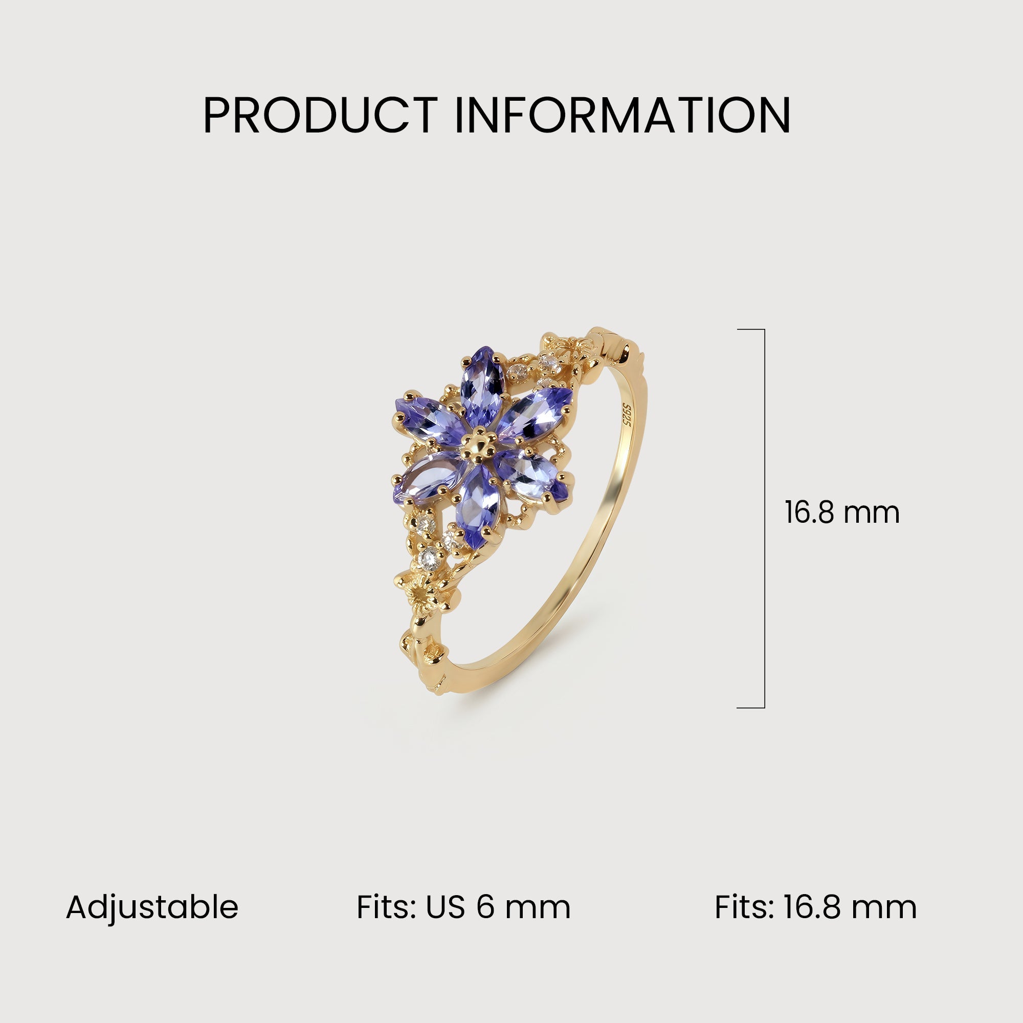 S925 Gold Plated Tanzanite Flower Adjustable Ring