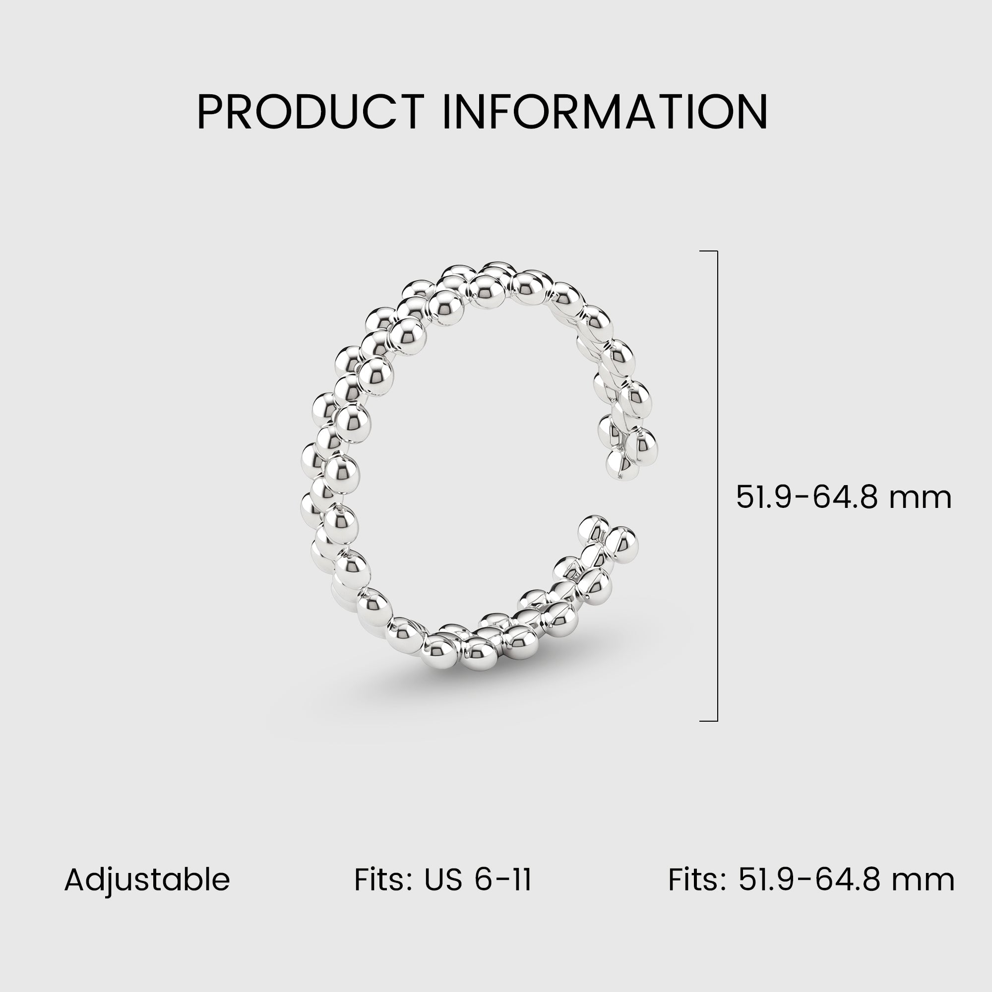 S999 Silver Beaded Open Adjustable Ring